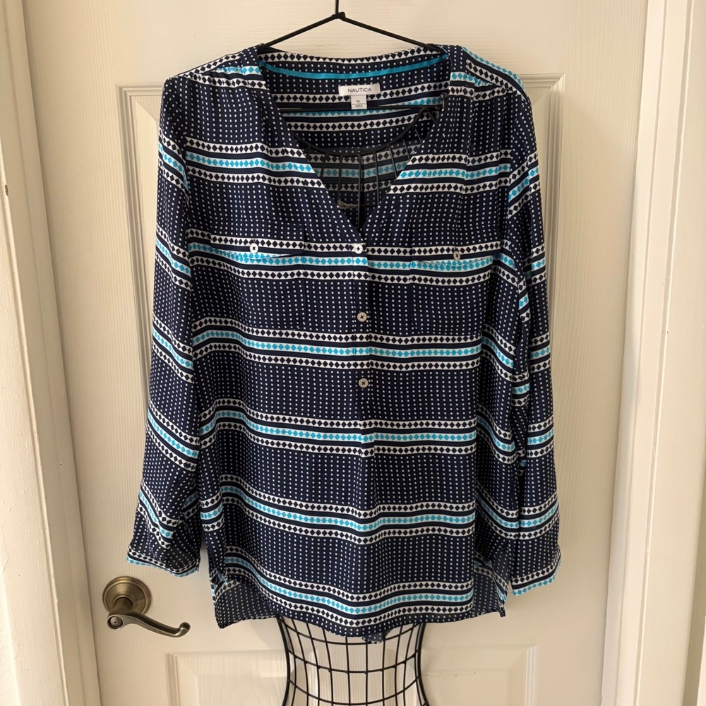 Nautica Blouse Womens XL Navy White Turquoise Geometric Button Front Long Sleeve